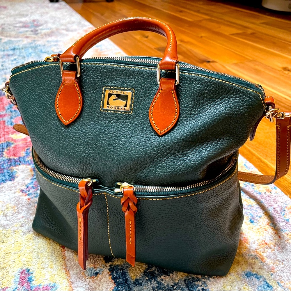 Dooney & Bourke Ivy Dark Green Pebbled Leather Brown Trim Dome Satchel